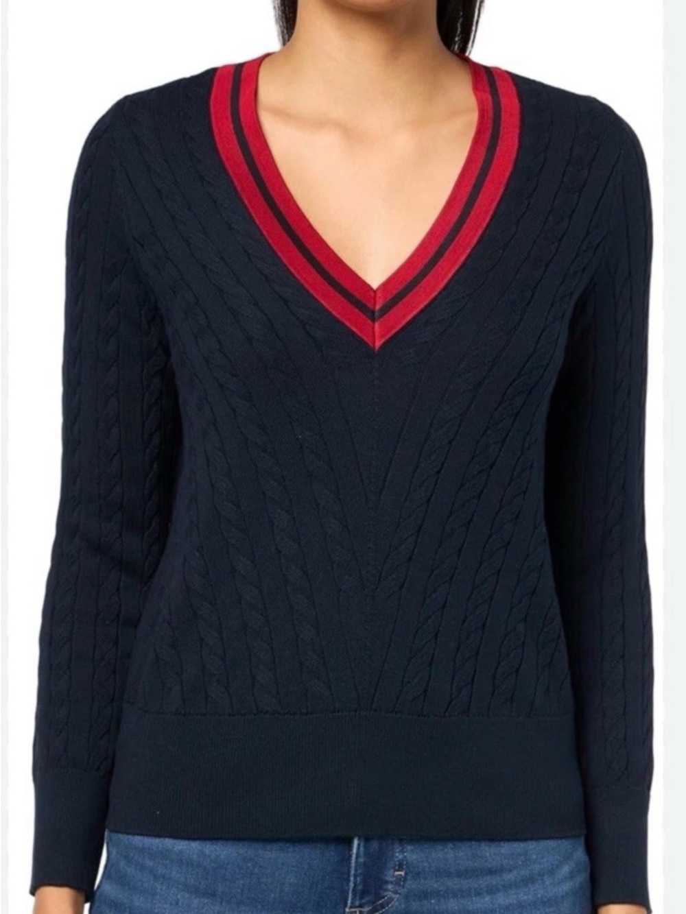 Tommy Hilfiger Navy V-Neck Cable Knit Cotton Sweater Nautical Collegiate S (est)